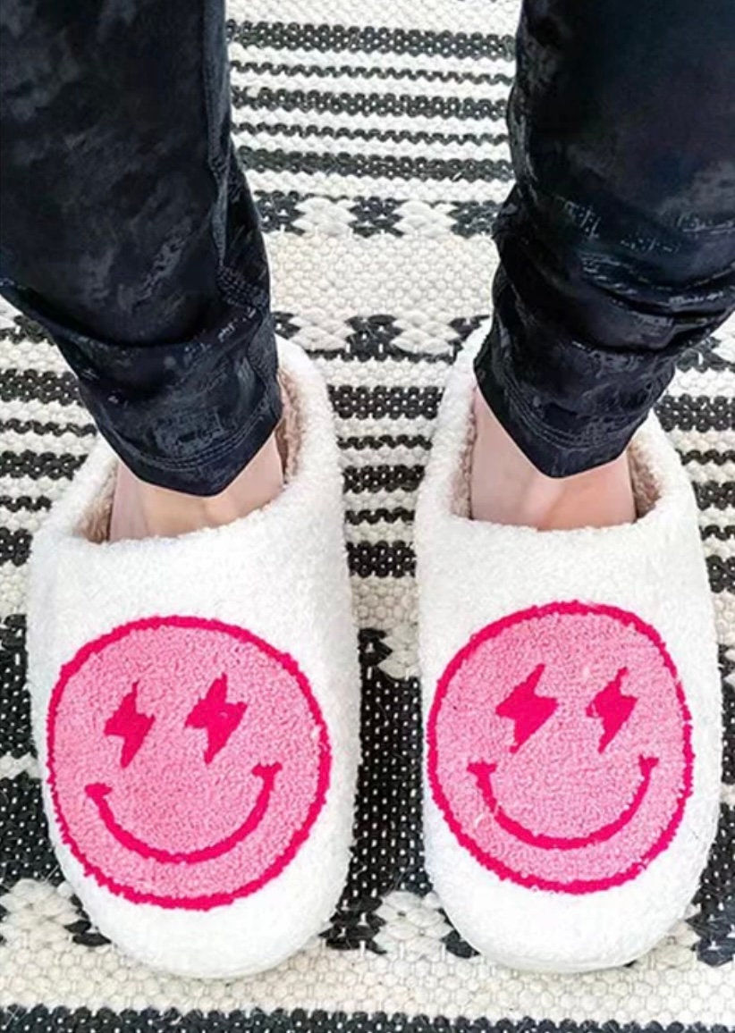 Smiley Face Slippers Fluffy Cushion Slides Cute Womens Comfortable Smile