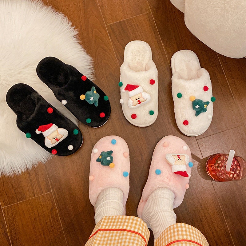 Christmas Slippers Santa Slippers Fluffy Cushion Slides Cute Womens Comfortable Smile Merry Christmas Holiday Cozy