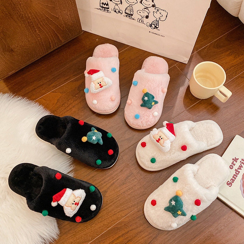 Christmas Slippers Santa Slippers Fluffy Cushion Slides Cute Womens Comfortable Smile Merry Christmas Holiday Cozy