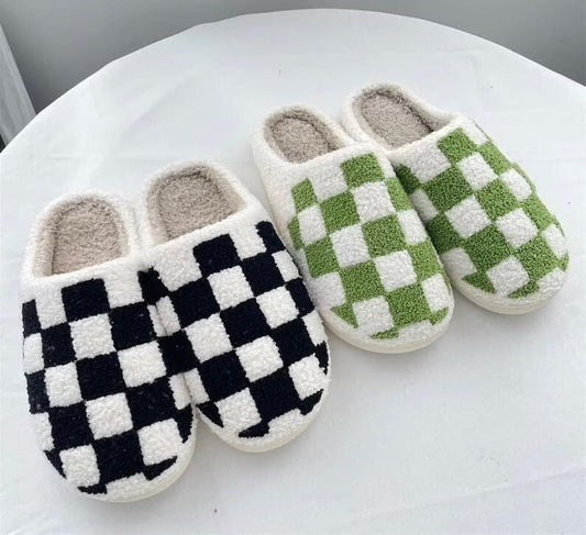 Checker Slippers | Fluffy House Slipper | Retro Checkered Print | Y2K | Gift For Her