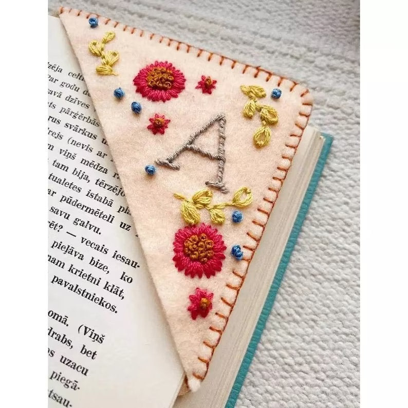Hand Embroidered Custom Bookmark | Personalized Letter Book Corner | Hand Stitched Felt Triangle Bookmark