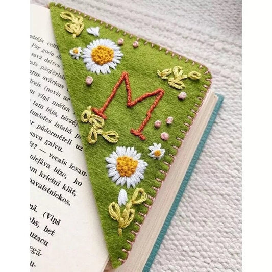 Hand Embroidered Custom Bookmark | Personalized Letter Book Corner | Hand Stitched Felt Triangle Bookmark