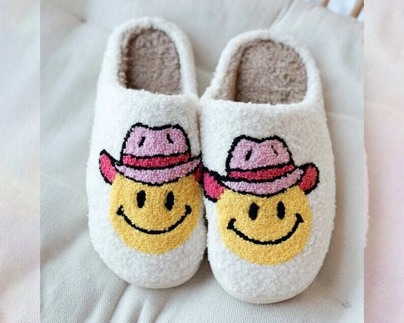 Smiley Face Cowgirl Slippers Fluffy Cushion Slides Cute Womens Comfortable Smile Slippers Smile Slides Nashville Country