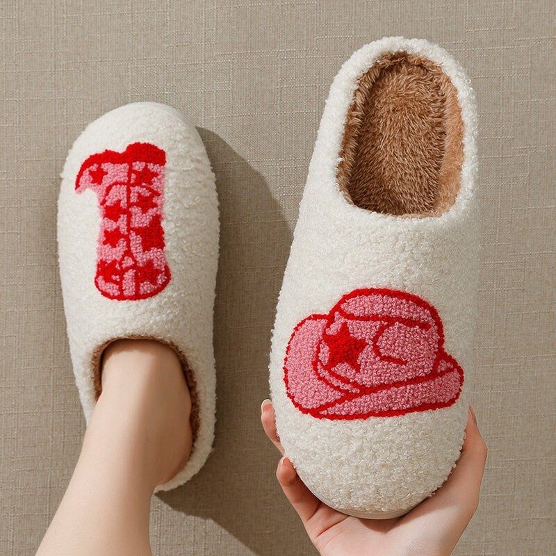 Cowgirl Slippers | Fluffy Cushion Slides Cute Womens Comfortable Smile Slippers Smile Slides Nashville Country